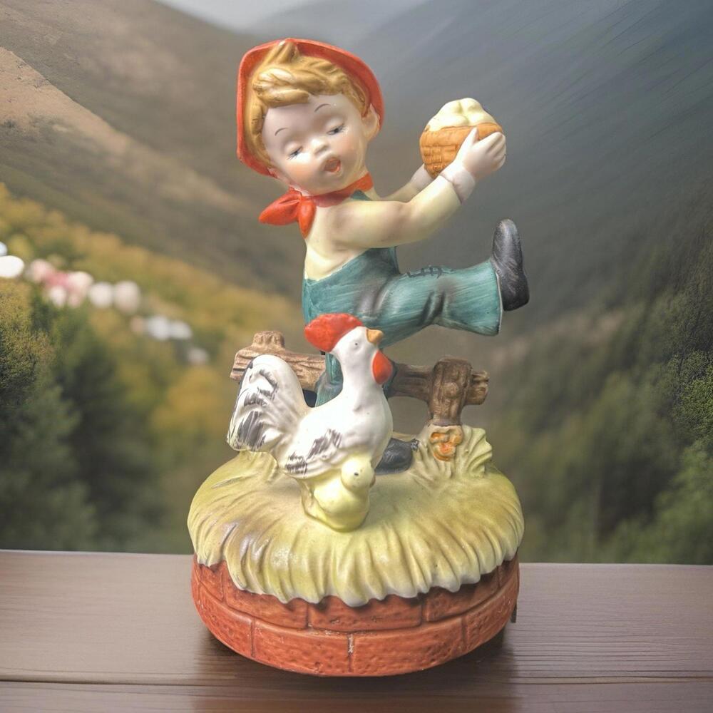 VTG Sankyo Flambro Music Box Boy with Chicken "The Entertainer" Farmhouse Decor